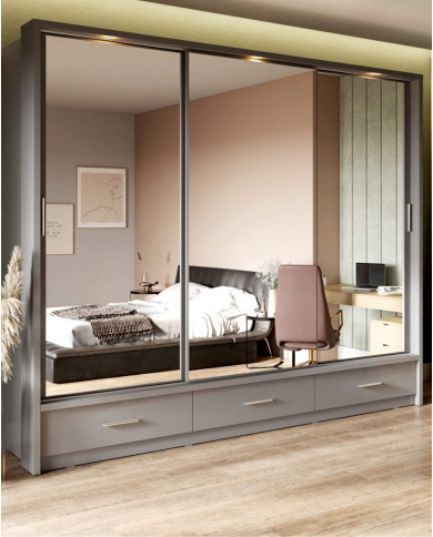 Szafa przesuwna, 250 cm, AR-01P-3L ARTI, 3-drzwiowa, lustra, szuflady, oświetlenie, szara, LENART Szafa przesuwna, 250 cm, AR-01P-3L ARTI, 3-drzwiowa, lustra, szuflady, oświetlenie, szara, LENART