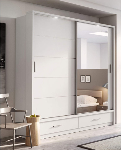 Szafa przesuwna, 200 cm, AR-05P ARTI, 2-drzwiowa, lustro, oświetlenie, biała, LENART Szafa przesuwna, 200 cm, AR-05P ARTI, 2-drzwiowa, lustro, oświetlenie, biała, LENART