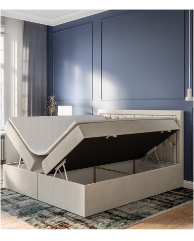 Łóżko kontynentalne Bloom 200x200 cm, tapicerowane, materac, pojemnik, topper, LAVERTO