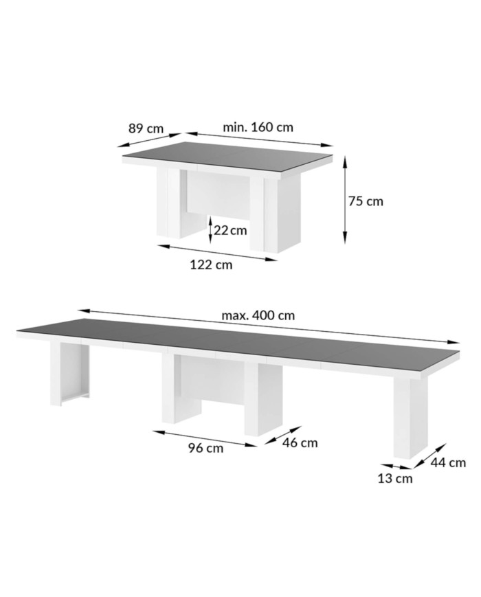 Stół rozkładany Largo 160-400/75/89 cm, szary połysk/ biały połysk, 5 wkładów, HUBERTUS