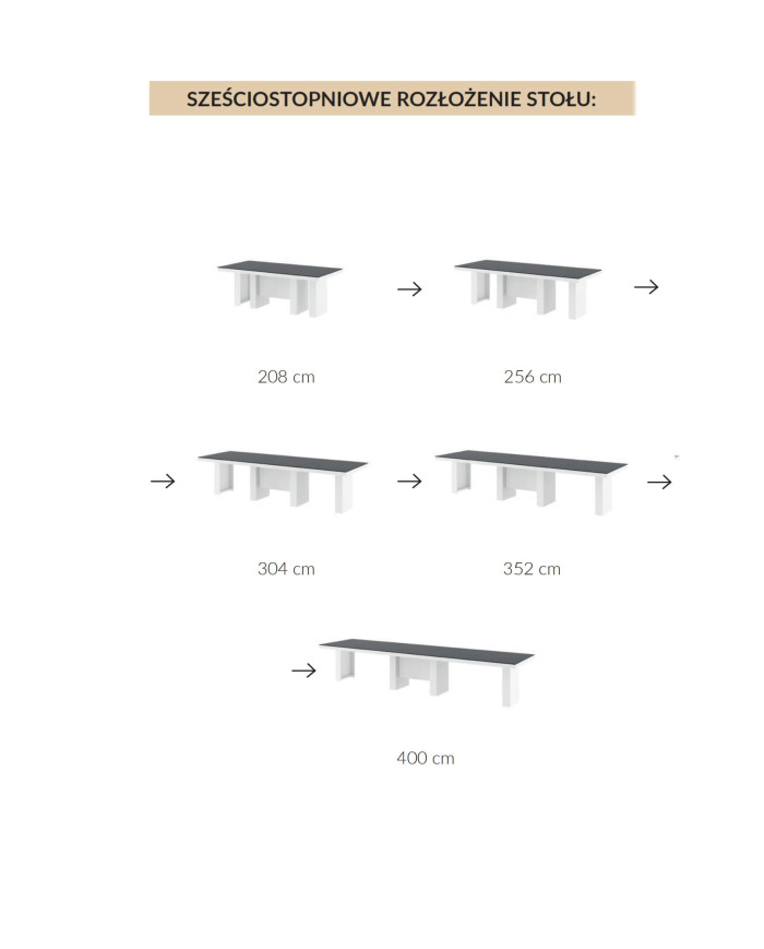 Stół rozkładany Largo 160-400/75/89 cm, biały połysk/ czarny połysk, 5 wkładów, HUBERTUS