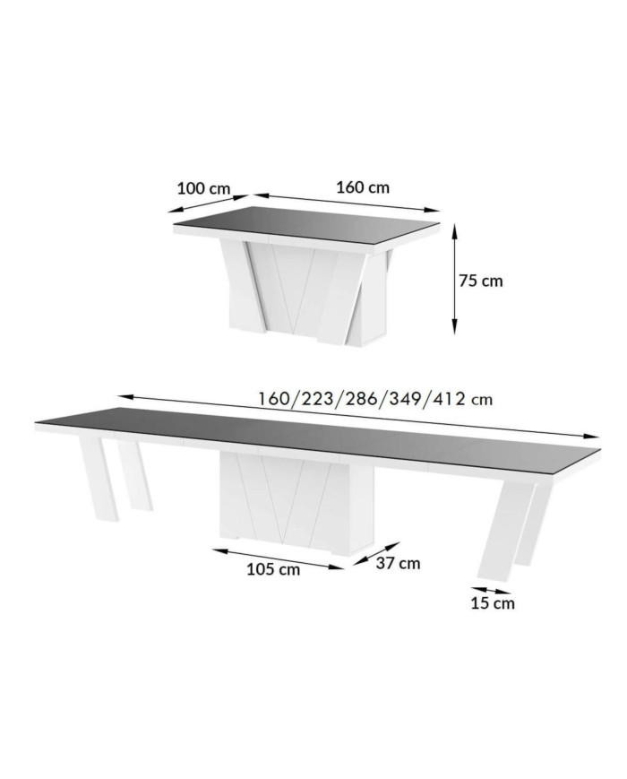 Stół rozkładany Grande 160, biały mat/ biały połysk, 160-412/75/100 cm, 4 wkłady, HUBERTUS