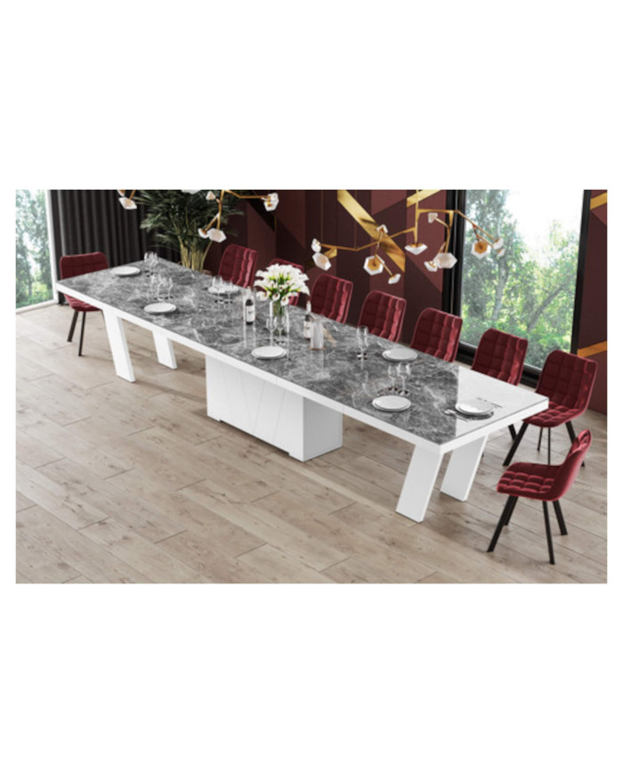 Stół rozkładany Grande 160, marmur venatino ciemny mat/ biały połysk, 160-412/75/100 cm, 4 wkłady powiększające, HUBERTUS
