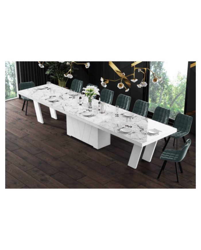 Stół rozkładany Grande 160, marmur venatino biały połysk/ biały połysk, 160-412/75/100 cm, 4 wkłady powiększające, HUBERTUS