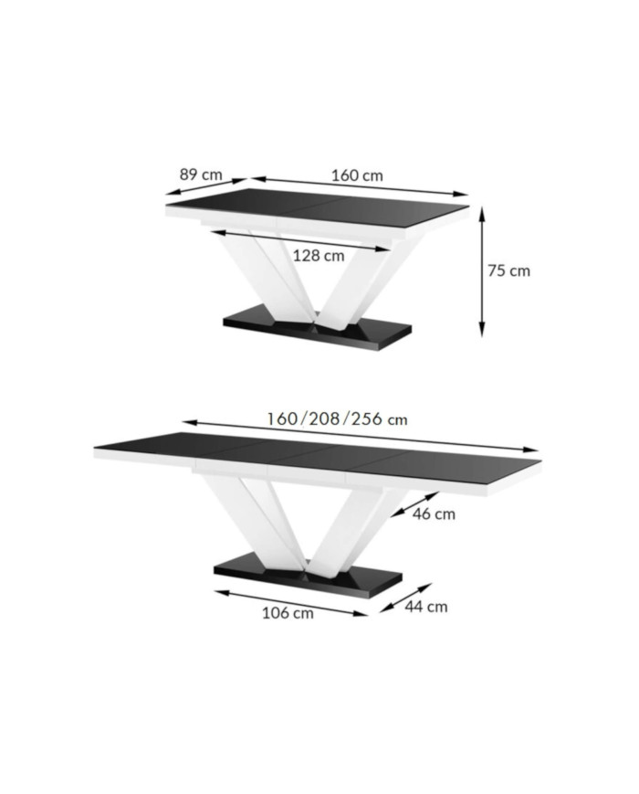 Stół rozkładany Viva 2, czarny mat/ biały połysk, 160-256/75/89 cm, 2 wkłady powiększające, HUBERTUS
