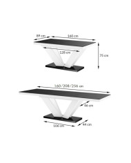 Stół rozkładany Viva 2, czarny mat/ biały połysk, 160-256/75/89 cm, 2 wkłady powiększające, HUBERTUS