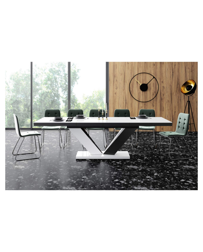 Stół rozkładany Viva 2, blat czarny połysk/ podstawa czarny i biały połysk, 160-256/75/89 cm, 2 wkłady powiększające, HUBERTUS