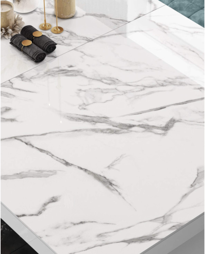 Stół rozkładany Viva 2, marmur marble biały połysk/ biały połysk, 160-256/75/89 cm, 2 wkłady powiększające, HUBERTUS