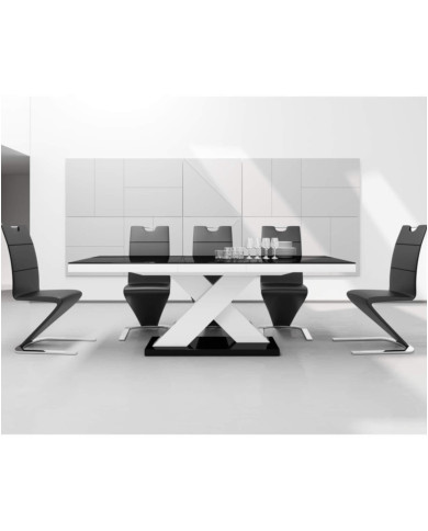 Stół rozkładany Xenon Lux 160-256/75/89 cm, blat czarny połysk/ podstawa czarny i biały połysk, 2 wkłady, HUBERTUS Stół rozkładany Xenon Lux 160-256/75/89 cm, blat czarny połysk/ podstawa czarny i biały połysk, 2 wkłady, HUBERTUS