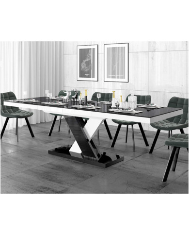 Stół rozkładany Xenon Lux 160-256/75/89 cm, blat czarny połysk/ podstawa czarny i biały połysk, 2 wkłady, HUBERTUS Stół rozkładany Xenon Lux 160-256/75/89 cm, blat czarny połysk/ podstawa czarny i biały połysk, 2 wkłady, HUBERTUS