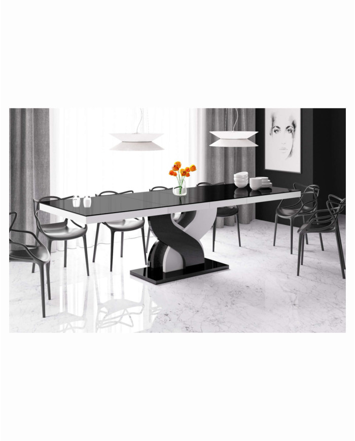 Stół rozkładany Bella 160, blat czarny mat/ podstawa czarny i biały połysk, 160-256/75/89 cm, 2 wkłady powiększające, HUBERTUS
