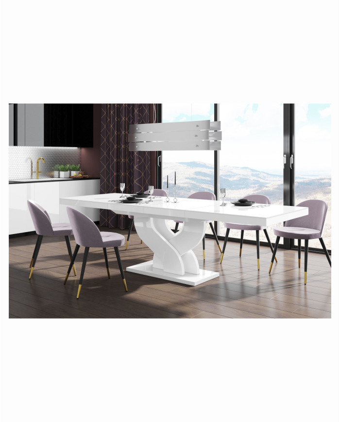 Stół rozkładany Bella 160, biały mat/ biały połysk, 160-256/75/89 cm, 2 wkłady powiększające, HUBERTUS