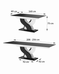 Stół rozkładany Bella 160, biały połysk/ czarny połysk, 160-256/75/89 cm, 2 wkłady powiększające, HUBERTUS