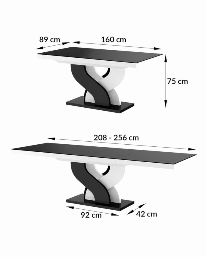 Stół rozkładany Bella 160, czarny połysk, 160-256/75/89 cm, 2 wkłady powiększające, HUBERTUS