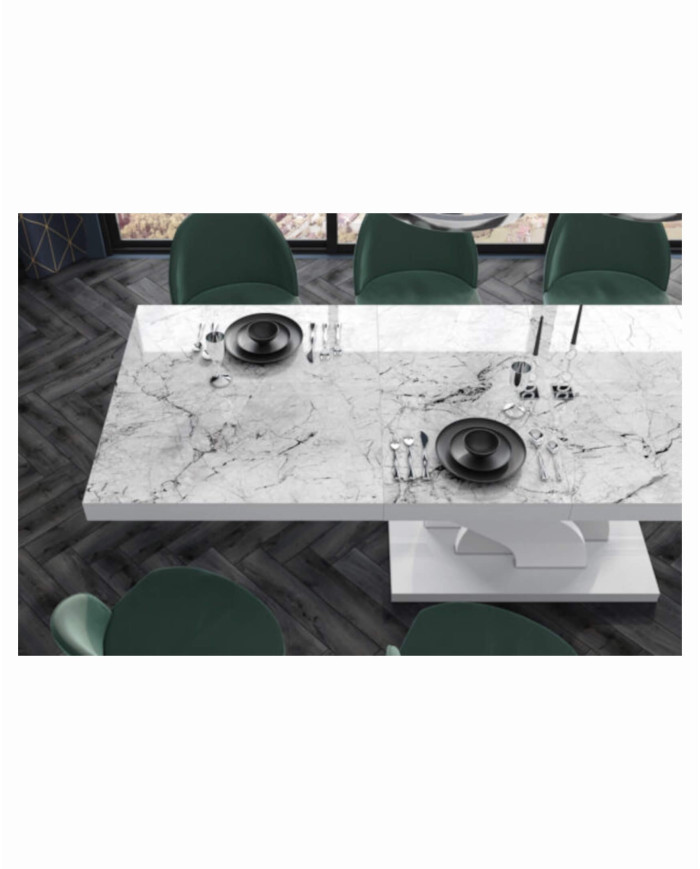 Stół rozkładany Bella 160, marmur venatino biały połysk/ biały połysk, 160-256/75/89 cm, 2 wkłady powiększające, HUBERTUS