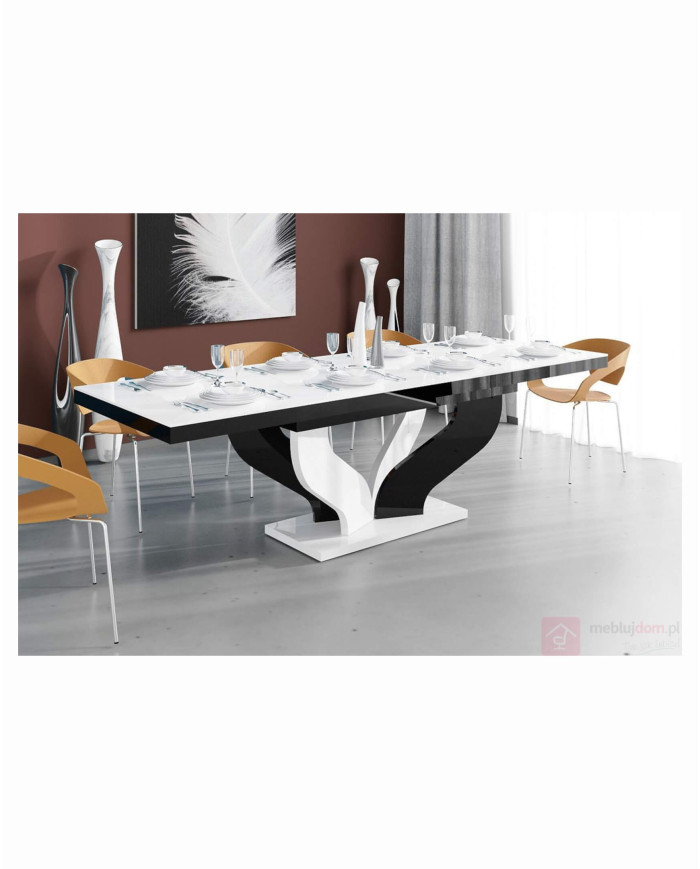 Stół rozkładany Viva 160, blat biały połysk/ podstawa czarny i biały połysk, 160-256/75/89 cm, 2 wkłady powiększające, HUBERTUS