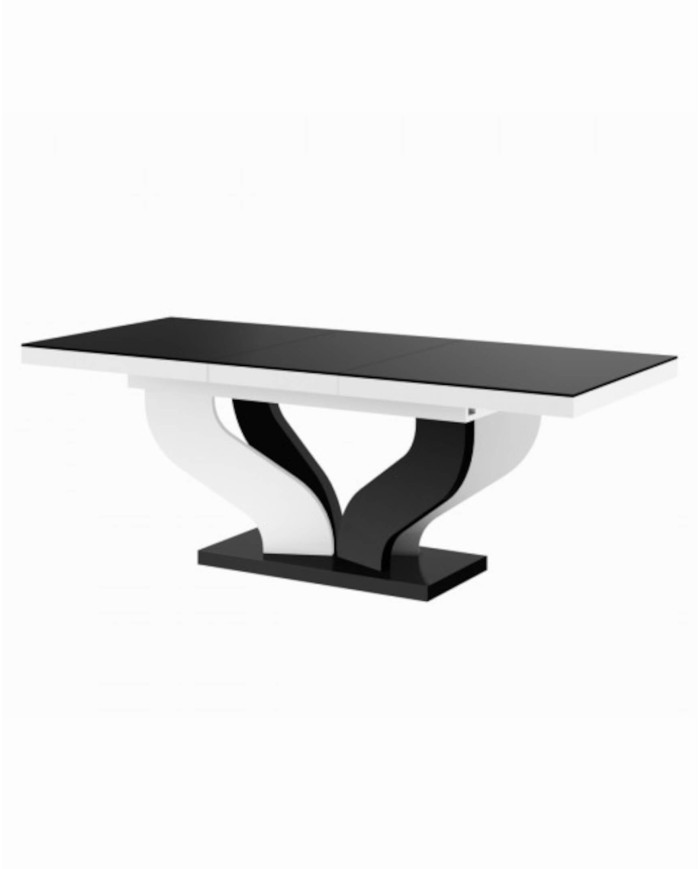 Stół rozkładany Viva 160, blat czarny mat/ podstawa czarny i biały połysk, 160-256/75/89 cm, 2 wkłady powiększające, HUBERTUS