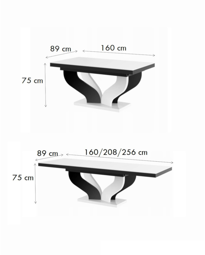 Stół rozkładany Viva 160, szary połysk/ biały połysk, 160-256/75/89 cm, 2 wkłady powiększające, HUBERTUS