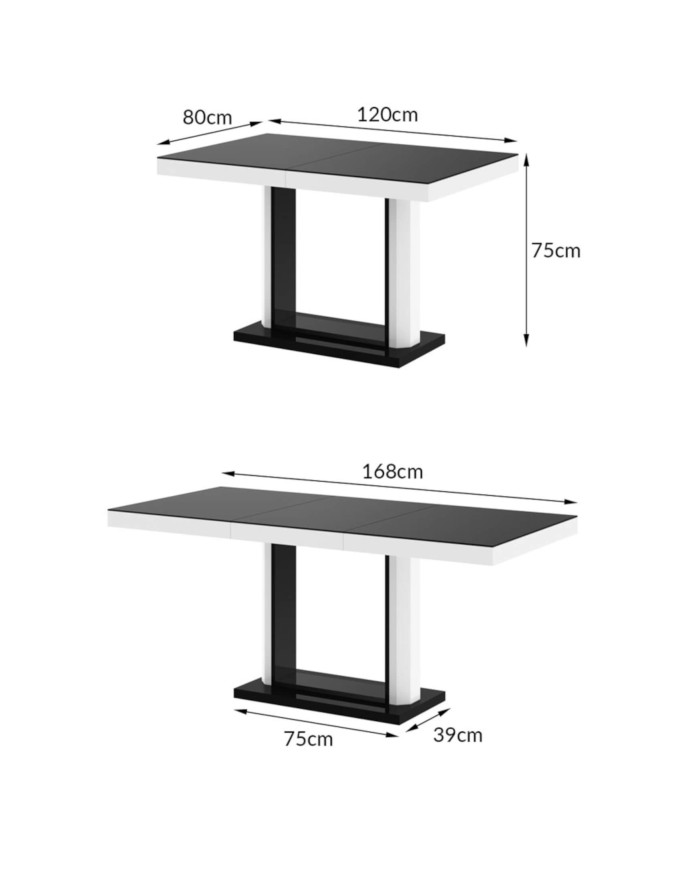Stół rozkładany Quadro 120, biały połysk/ czarny połysk, 120-168/75/80 cm, 1 wkład powiększający, HUBERTUS
