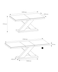Stół rozkładany Xenon 160, czarny połysk/ biały połysk, 160-208/75/89 cm, 1 wkład powiększający, HUBERTUS