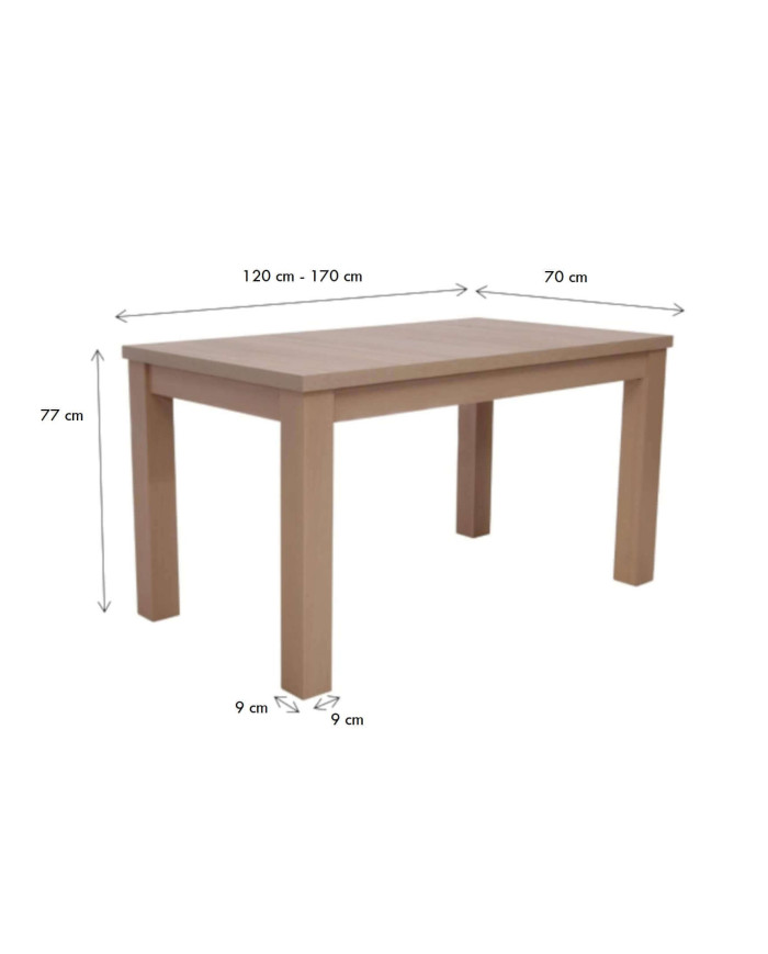 Stół rozkładany ST64/0/F, okleina naturalna, prostokąt, 1 wkład powiększający, 120-170/77/70 cm, noga 9x9cm, DREW-MARK