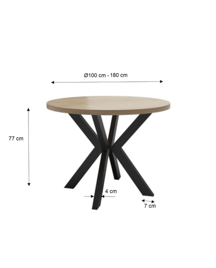Stół okrągły ST112/2/F/M, rozkładany, 100-180/77/100 cm, nogi metalowe 4x7 cm, 2 wkłady powiększające, DREW-MARK