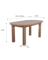 Stół rozkładany STF2, okleina naturalna, owalny, 2 wkłady powiększające, 170-250/75/90 cm, noga 7x7 cm,  DREW-MARK