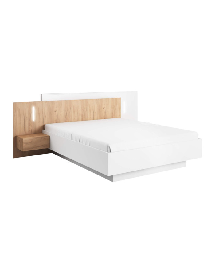 Łóżko sypialniane 3D 160x200, szafki nocne, oświetlenie, biały/ dąb craft złoty, Laski Meble
