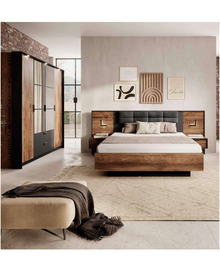 Łóżko sypialniane Milton 160x200, tapicerowany szczyt, pojemnik, chestnut/ antracyt, Laski Meble