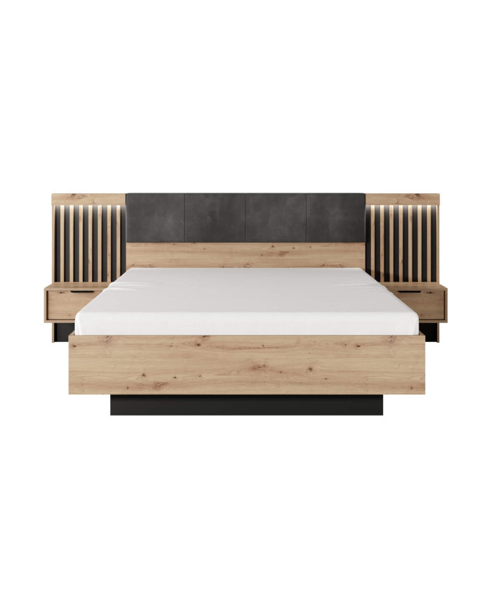 Łóżko sypialniane Tally 160x200, tapicerowany szczyt, pojemnik, dąb artisan/ antracyt, Laski Meble