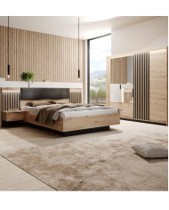 Łóżko sypialniane Tally 160x200, tapicerowany szczyt, pojemnik, dąb artisan/ antracyt, Laski Meble