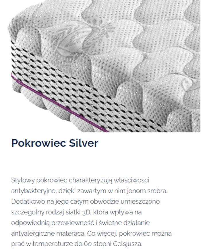 Materac Silver Protect 80x200 cm, dwustronny, kieszeniowy, antybakteryjny, zdejmowany pokrowiec, H2 i H3, Comforteo