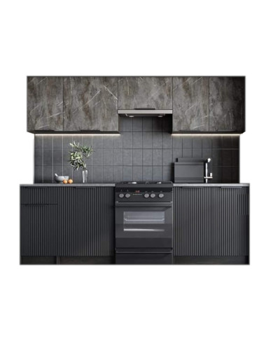 Kuchnia Tamara, zestaw 240 cm, dolne fronty MDF ryfle, popielaty marmur/czarny, HALMAR Kuchnia Tamara, zestaw 240 cm, dolne fronty MDF ryfle, popielaty marmur/czarny, HALMAR