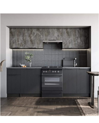 Kuchnia Tamara, zestaw 240 cm, dolne fronty MDF ryfle, popielaty marmur/czarny, HALMAR Kuchnia Tamara, zestaw 240 cm, dolne fronty MDF ryfle, popielaty marmur/czarny, HALMAR