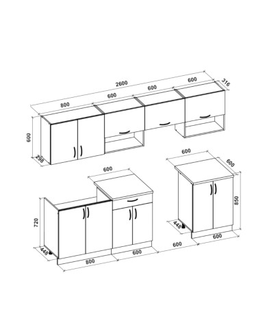 Kuchnia Viola, zestaw 260 cm, fronty MDF, biały połysk/dąb sonoma, HALMAR Kuchnia Viola, zestaw 260 cm, fronty MDF, biały połysk/dąb sonoma, HALMAR