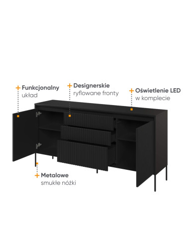 Komoda Trend TR-01, oświetlenie, 2 drzwi, 3 szuflady, front MDF ryflowany, czarny, LENART Komoda Trend TR-01, oświetlenie, 2 drzwi, 3 szuflady, front MDF ryflowany, czarny, LENART