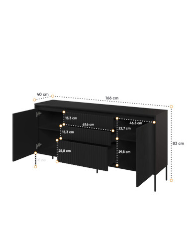 Komoda Trend TR-01, oświetlenie, 2 drzwi, 3 szuflady, front MDF ryflowany, czarny, LENART Komoda Trend TR-01, oświetlenie, 2 drzwi, 3 szuflady, front MDF ryflowany, czarny, LENART