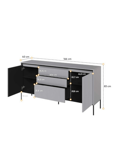 Komoda Trend TR-01, oświetlenie, 2 drzwi, 3 szuflady, front MDF ryflowany, szary/ czarny, LENART Komoda Trend TR-01, oświetlenie, 2 drzwi, 3 szuflady, front MDF ryflowany, szary/ czarny, LENART