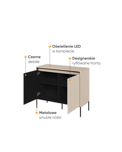 Komoda Trend TR-02, oświetlenie, 2 drzwi, front MDF ryflowany, beż piaskowy/ czarny, LENART Komoda Trend TR-02, oświetlenie, 2 drzwi, front MDF ryflowany, beż piaskowy/ czarny, LENART