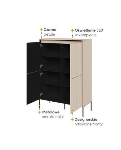 Komoda wysoka Trend TR-03, oświetlenie, 4 drzwi, front MDF ryflowany, beż piaskowy/ czarny, LENART Komoda wysoka Trend TR-03, oświetlenie, 4 drzwi, front MDF ryflowany, beż piaskowy/ czarny, LENART