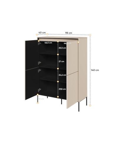 Komoda wysoka Trend TR-03, oświetlenie, 4 drzwi, front MDF ryflowany, beż piaskowy/ czarny, LENART Komoda wysoka Trend TR-03, oświetlenie, 4 drzwi, front MDF ryflowany, beż piaskowy/ czarny, LENART