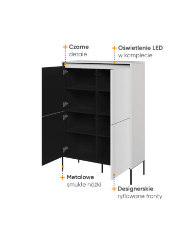 Komoda wysoka Trend TR-03, oświetlenie, 4 drzwi, front MDF ryflowany, biały/ czarny, LENART Komoda wysoka Trend TR-03, oświetlenie, 4 drzwi, front MDF ryflowany, biały/ czarny, LENART