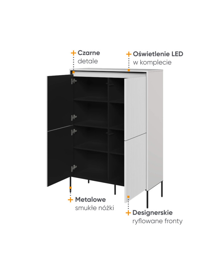Komoda wysoka Trend TR-03, oświetlenie, 4 drzwi, front MDF ryflowany, biały/ czarny, LENART