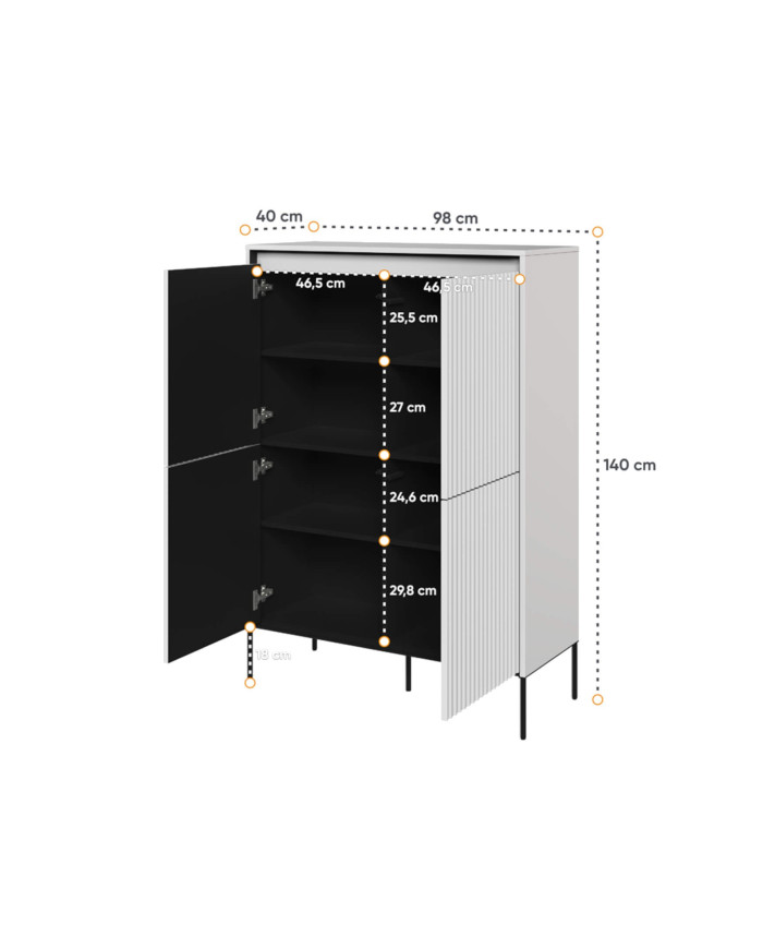 Komoda wysoka Trend TR-03, oświetlenie, 4 drzwi, front MDF ryflowany, biały/ czarny, LENART