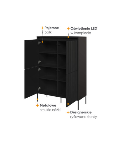 Komoda wysoka Trend TR-03, oświetlenie, 4 drzwi, front MDF ryflowany, czarny, LENART Komoda wysoka Trend TR-03, oświetlenie, 4 drzwi, front MDF ryflowany, czarny, LENART