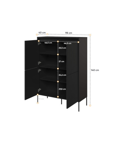 Komoda wysoka Trend TR-03, oświetlenie, 4 drzwi, front MDF ryflowany, czarny, LENART Komoda wysoka Trend TR-03, oświetlenie, 4 drzwi, front MDF ryflowany, czarny, LENART