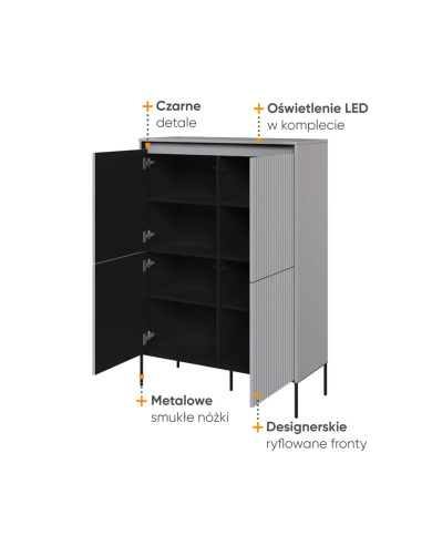 Komoda wysoka Trend TR-03, oświetlenie, 4 drzwi, front MDF ryflowany, szary/ czarny, LENART Komoda wysoka Trend TR-03, oświetlenie, 4 drzwi, front MDF ryflowany, szary/ czarny, LENART