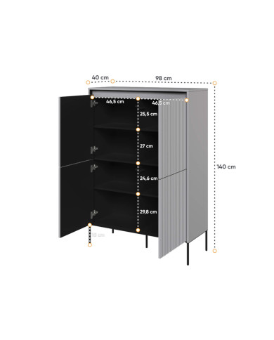 Komoda wysoka Trend TR-03, oświetlenie, 4 drzwi, front MDF ryflowany, szary/ czarny, LENART Komoda wysoka Trend TR-03, oświetlenie, 4 drzwi, front MDF ryflowany, szary/ czarny, LENART