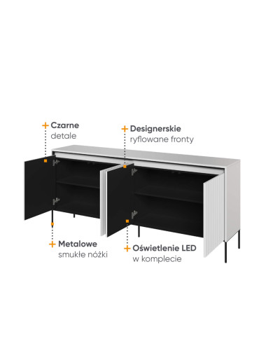 Komoda Trend TR-04, oświetlenie, 4 drzwi, front MDF ryflowany, biały/ czarny, LENART Komoda Trend TR-04, oświetlenie, 4 drzwi, front MDF ryflowany, biały/ czarny, LENART