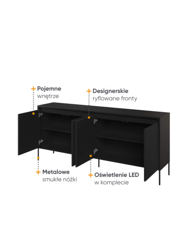 Komoda Trend TR-04, oświetlenie, 4 drzwi, front MDF ryflowany, czarny, LENART Komoda Trend TR-04, oświetlenie, 4 drzwi, front MDF ryflowany, czarny, LENART